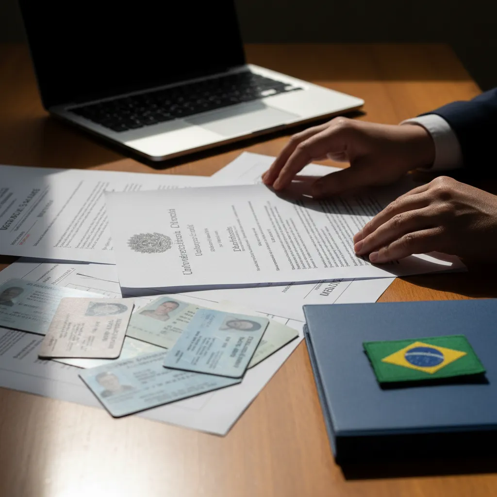 Plano cercano de manos organizando documentos oficiales, diplomas e identificaciones sobre un escritorio, con un portátil y un pin de la bandera de Brasil, que representa el proceso de solicitud para la Convalidación.