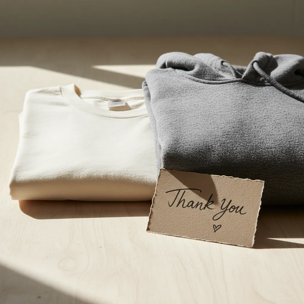 Bundle pack of tee and hoodie, arranged with a thank you card.