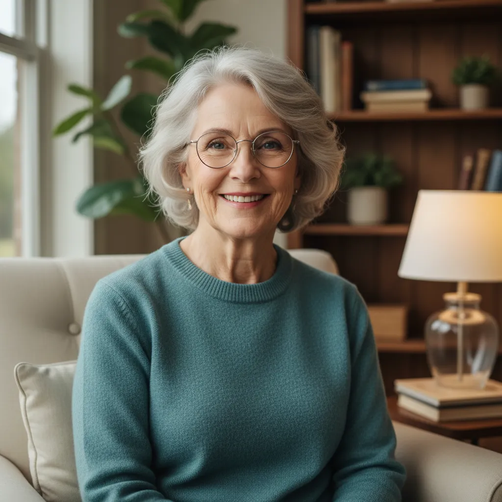 A senior White female counselor with short gray hair, wearing glasses and a teal sweater, smiling warmly in a cozy office, 1:1 aspect ratio, lifestyle portrait.