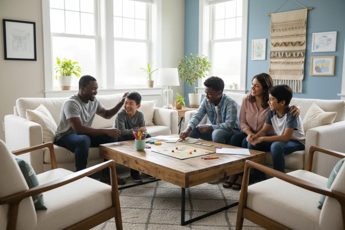 A diverse group of caring staff and adolescent boys gathered in a bright, welcoming living room, sharing laughter and encouragement, 3:2 aspect ratio, lifestyle photography.