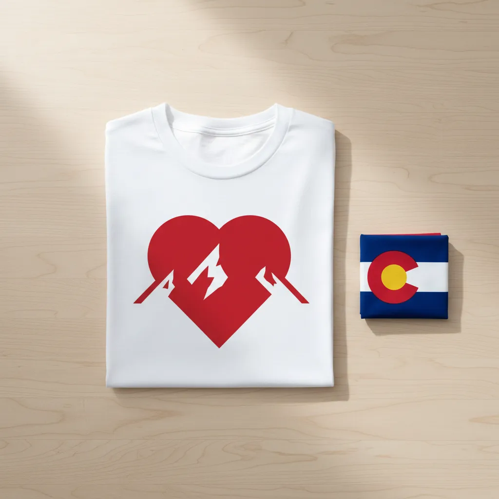 A flat lay of a classic white t-shirt with a bold red heart and mountain graphic, placed on a wooden table with a small Colorado flag beside it. The lighting is bright and the style is crisp and modern.
