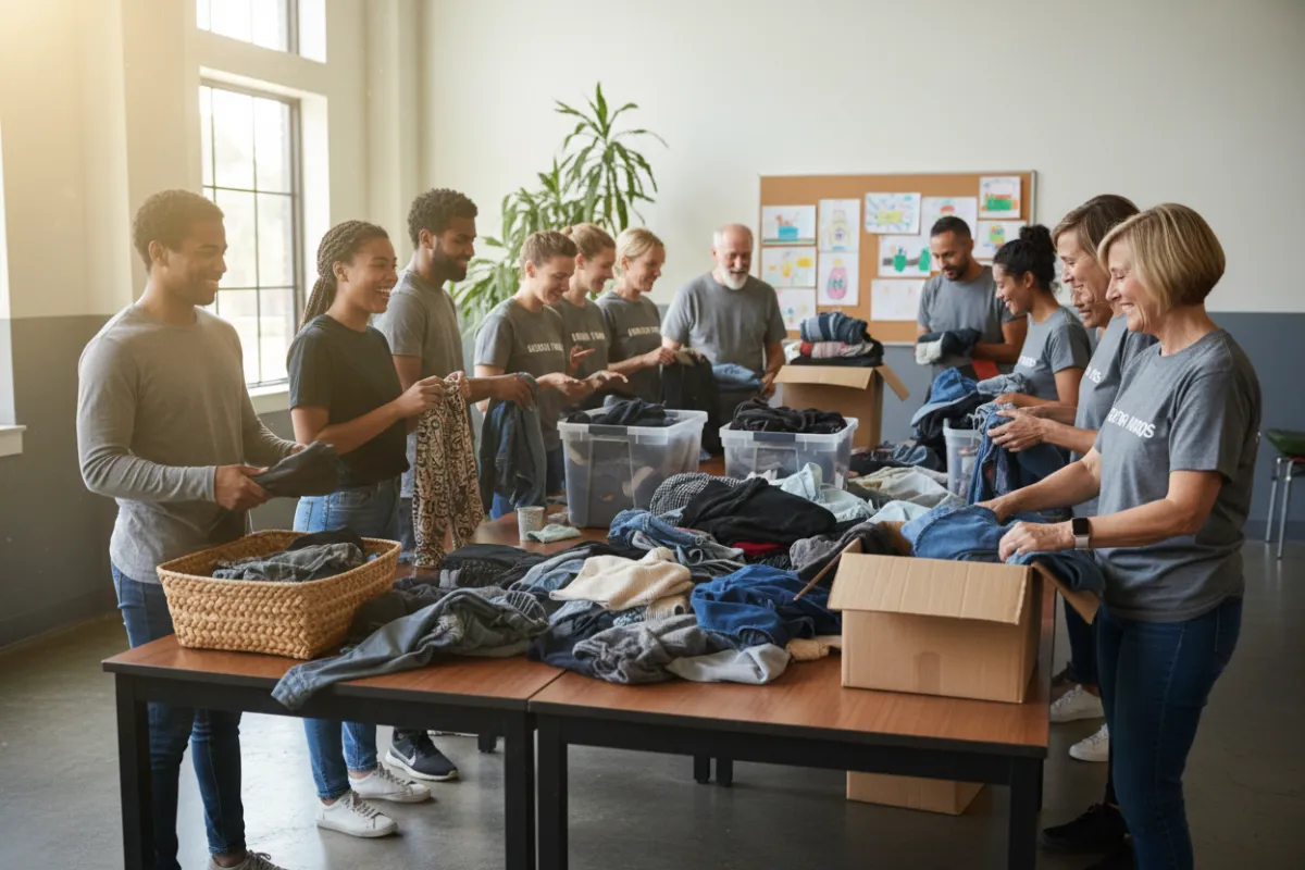 A diverse group of volunteers, including men and women of various ages, gather around a table sorting clothing donations in a bright community center. The scene is candid, warm, and full of positive energy.