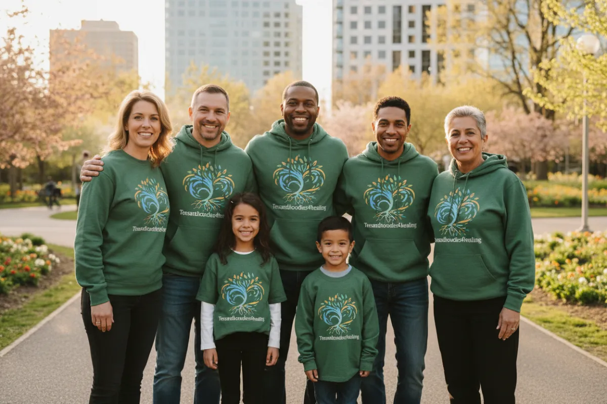 A diverse group of smiling people wearing Teesandhoodies4healing apparel, standing together outdoors, radiating warmth and unity.