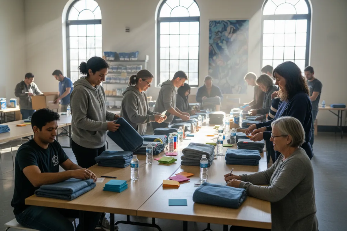 Volunteers assembling care packages in a bright community center, with supplies and handwritten notes.