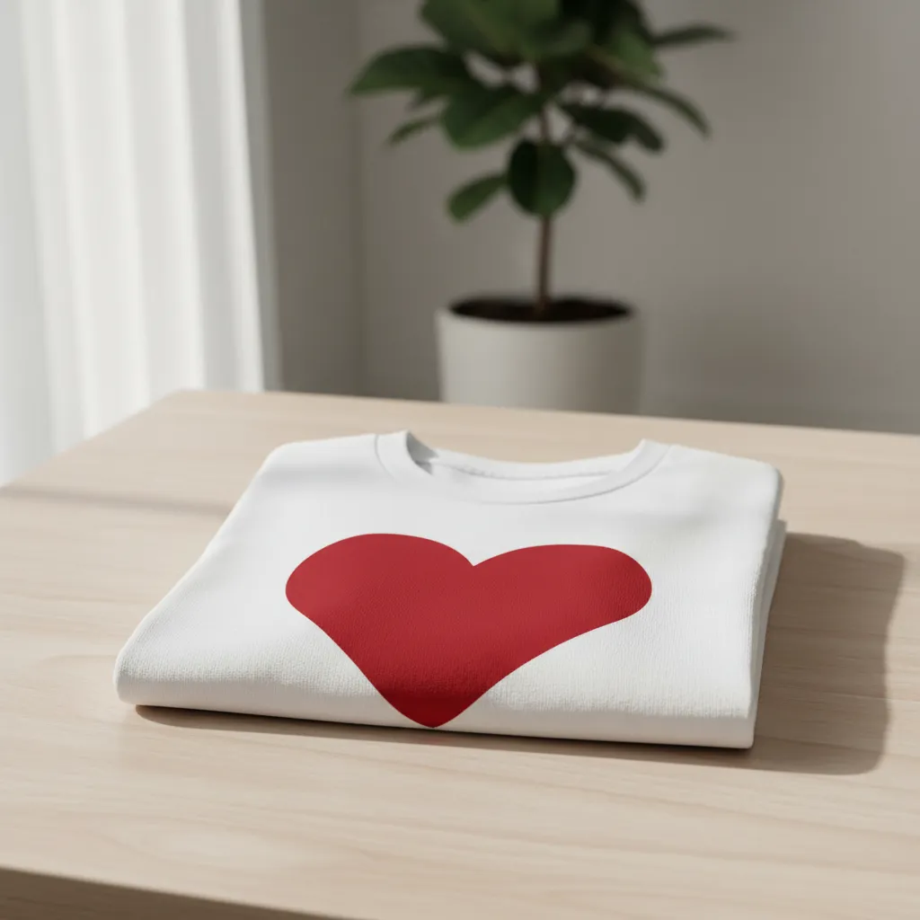 Classic white tee with bold red heart logo, folded neatly on a wooden table.