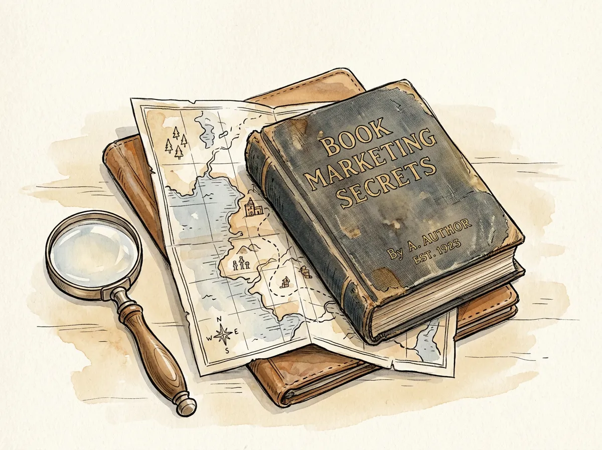 Hand-drawn warm-neutral illustration of a dossier, folded map (no title text), and magnifying glass with a weathered book titled "Book Marketing Secrets".