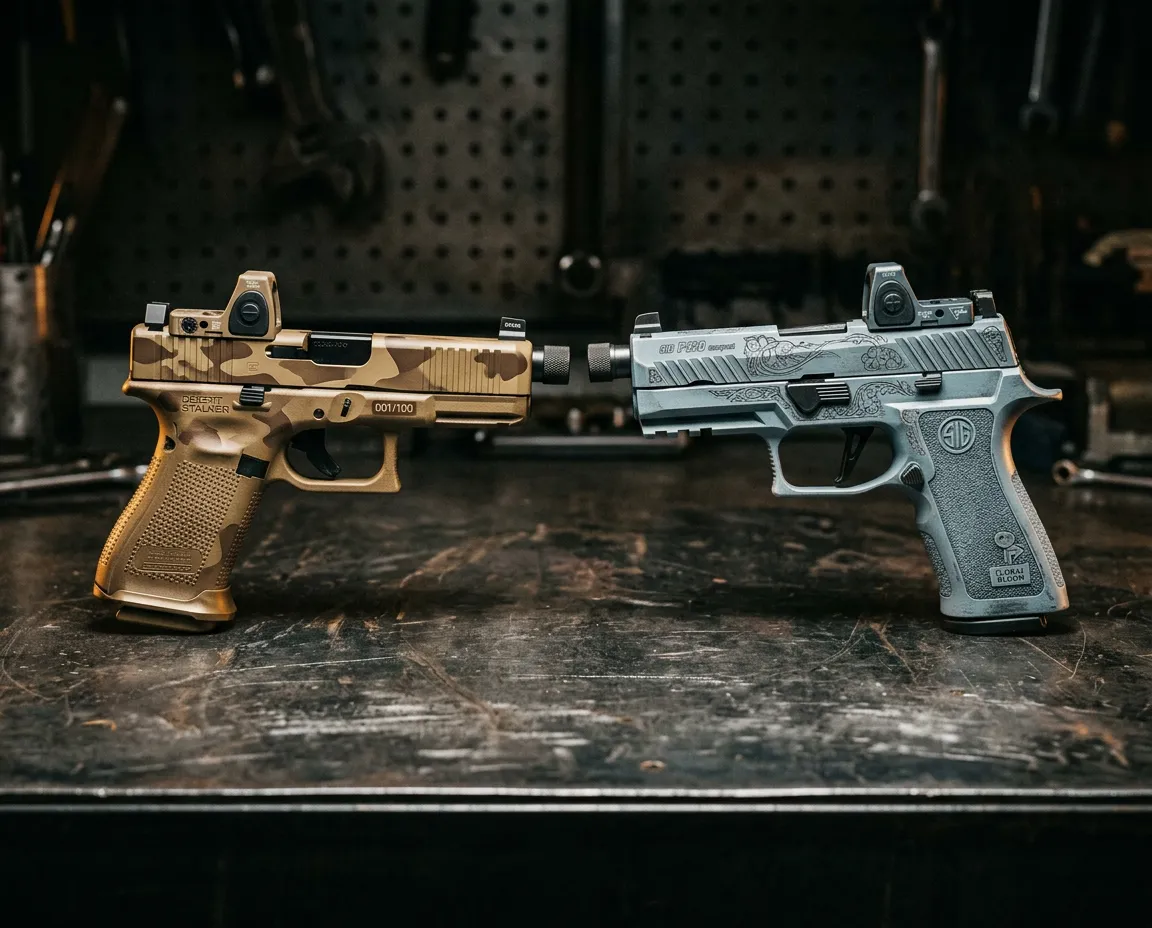 Custom Cerakote patterns and laser engraved firearm components showing intricate detail and finish durability