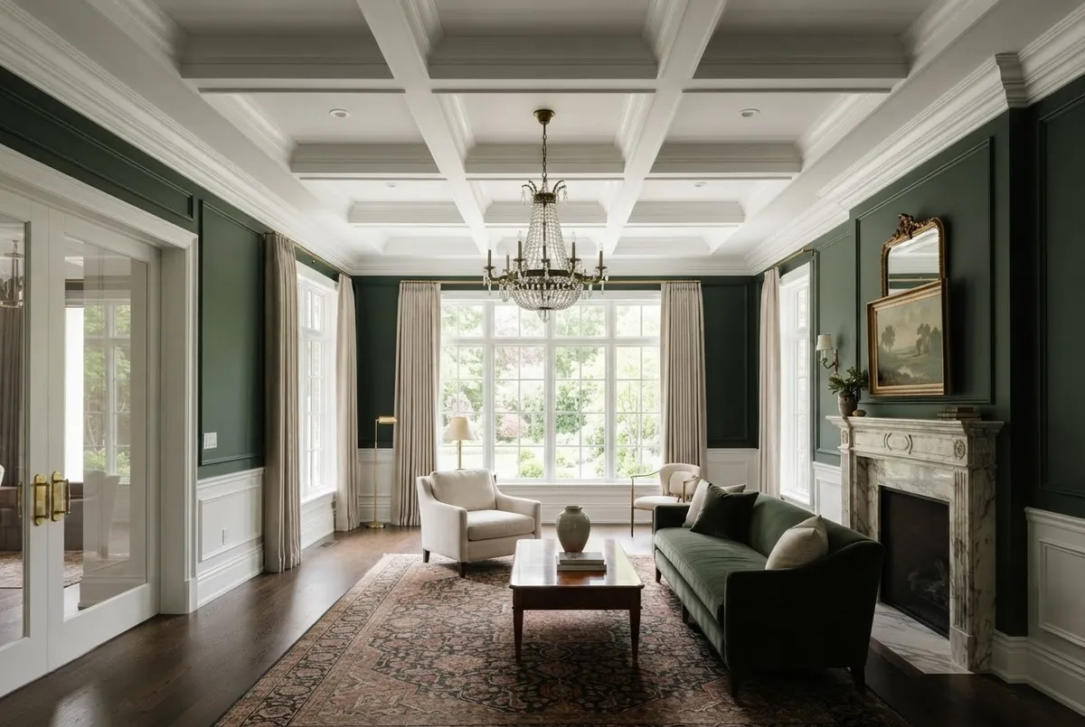 Finished luxury estate coffered ceiling with smooth satin emerald walls and pristine crown moulding