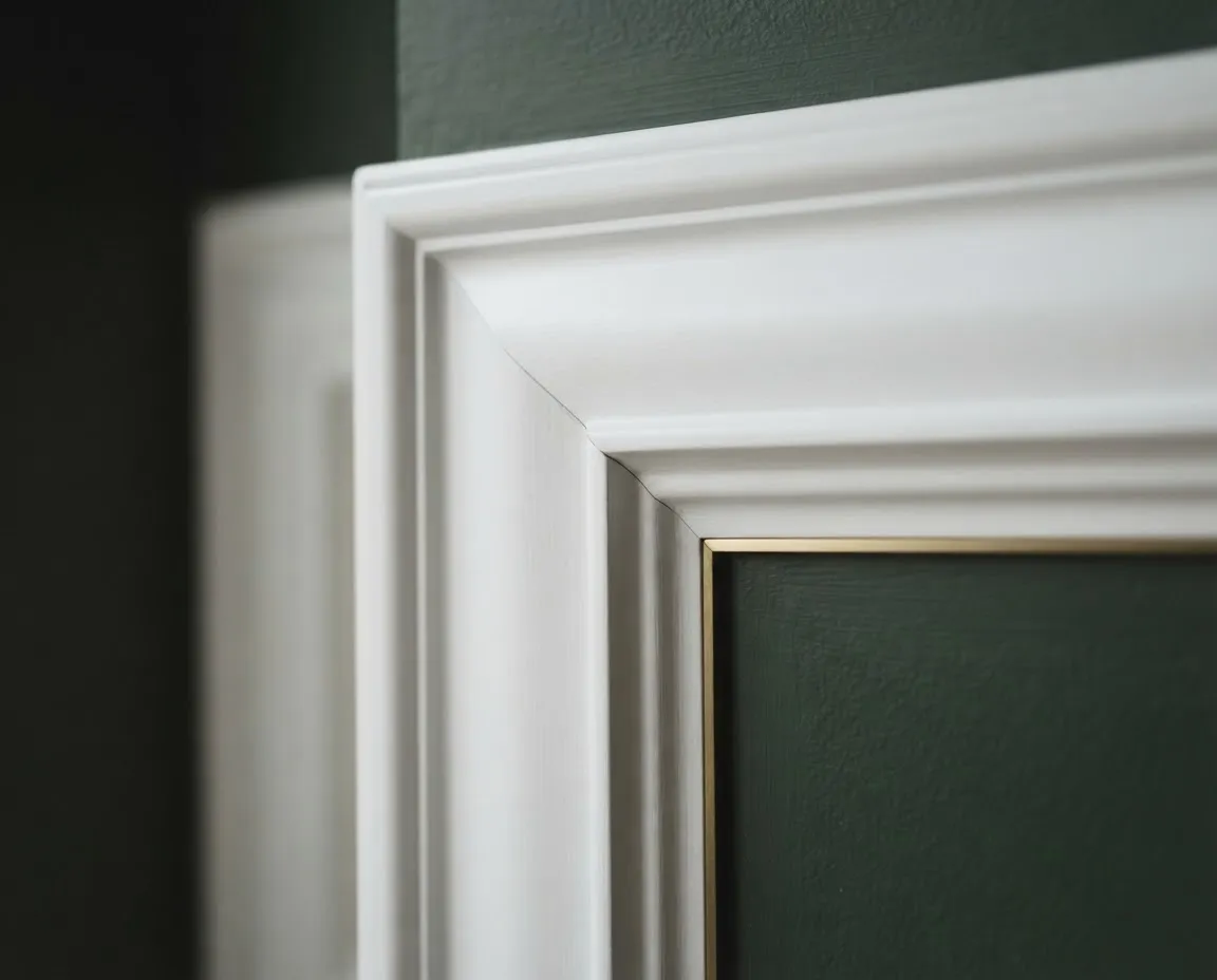 Detail macro photograph of crisp picture frame wainscoting and laser-straight cut lines