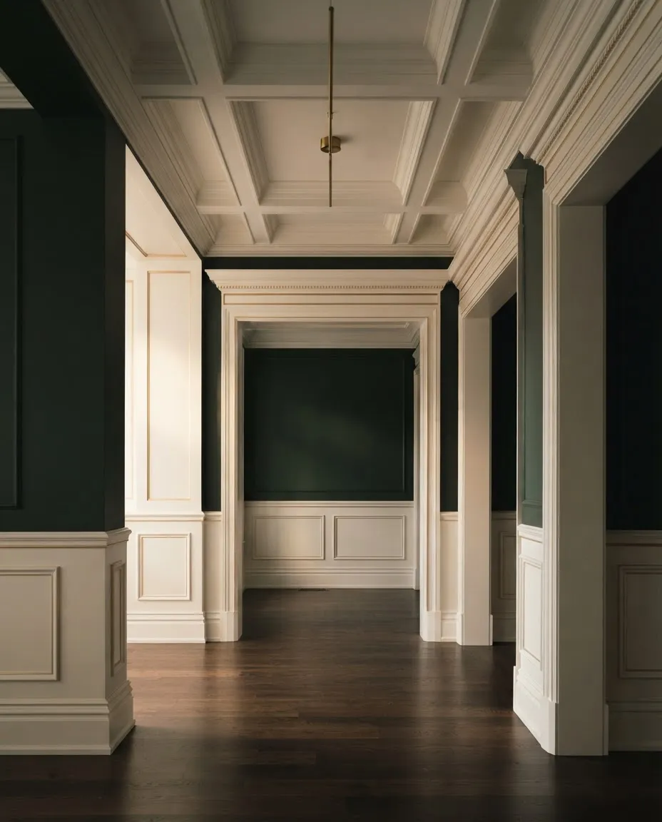 Impeccably finished architectural interior with premium custom moldings, high ceilings, and smooth museum-grade paint finish