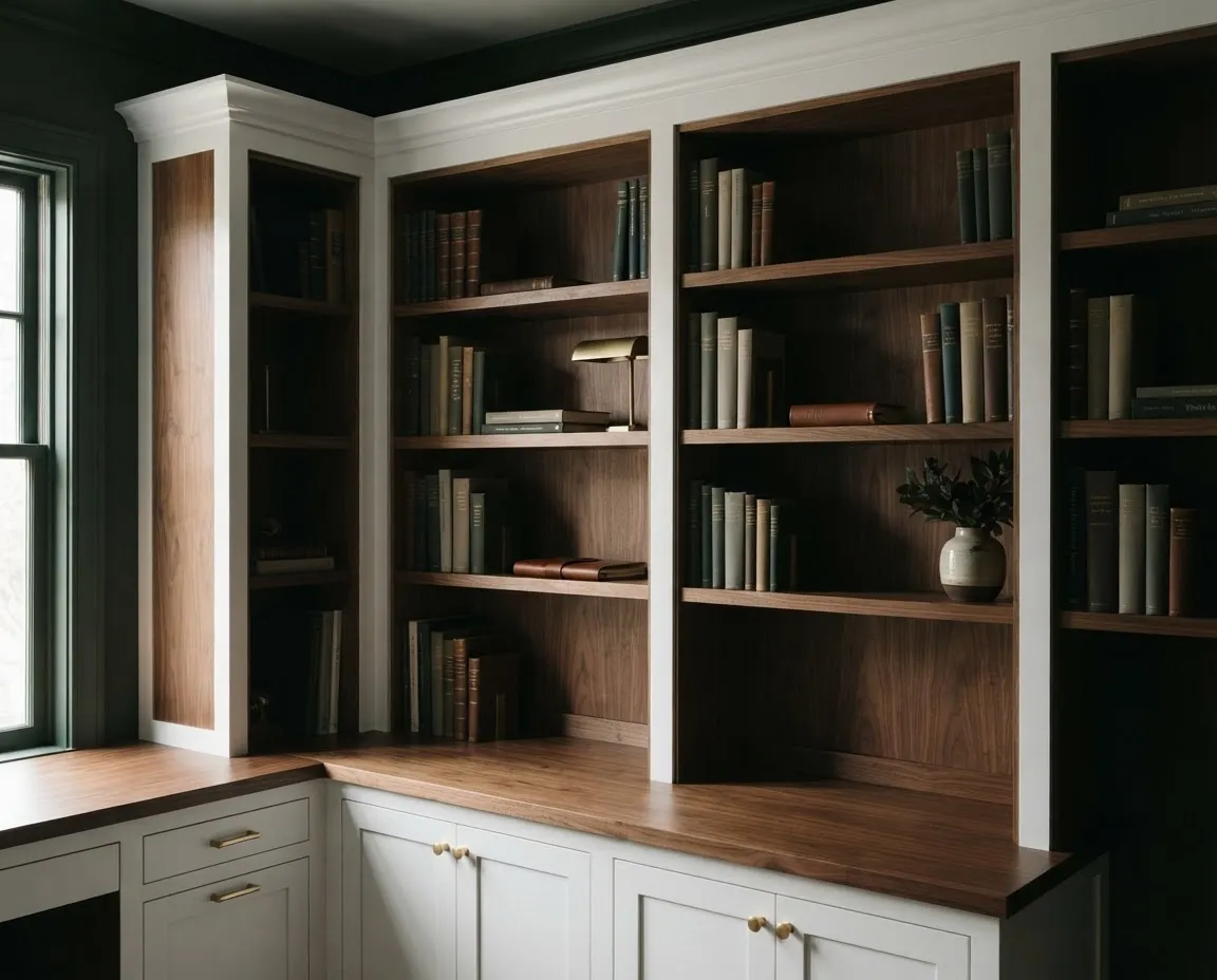 Fine finish spray lacquer on handcrafted built-in library cabinetry and bookcase trims