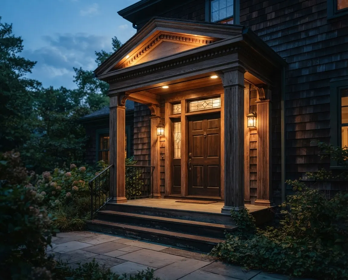 Close-up architectural detail shot of restored exterior cedar portico and hand-shaped dentil moulding