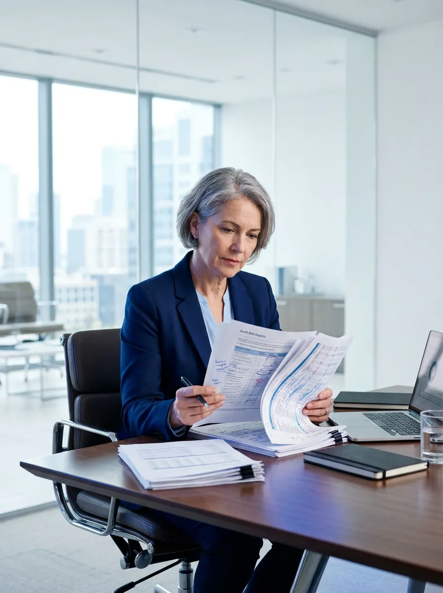 Senior compliance executive analyzing audit risk reports in a modern corporate setting