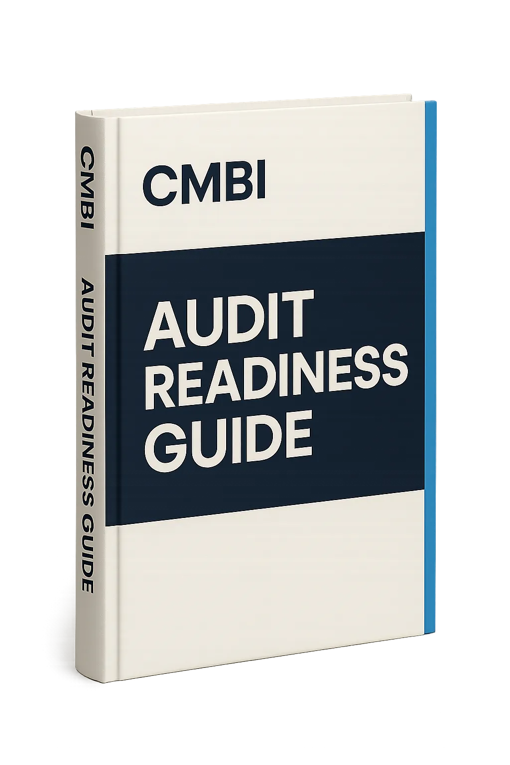 Ebook Preview Frame mockup of the CMBI Audit Readiness Guide standing vertically on light background