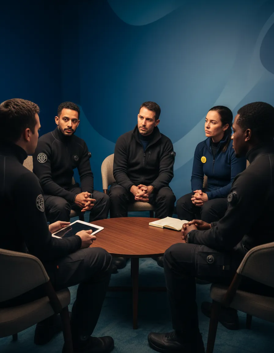 A team of divers having a focused debrief session