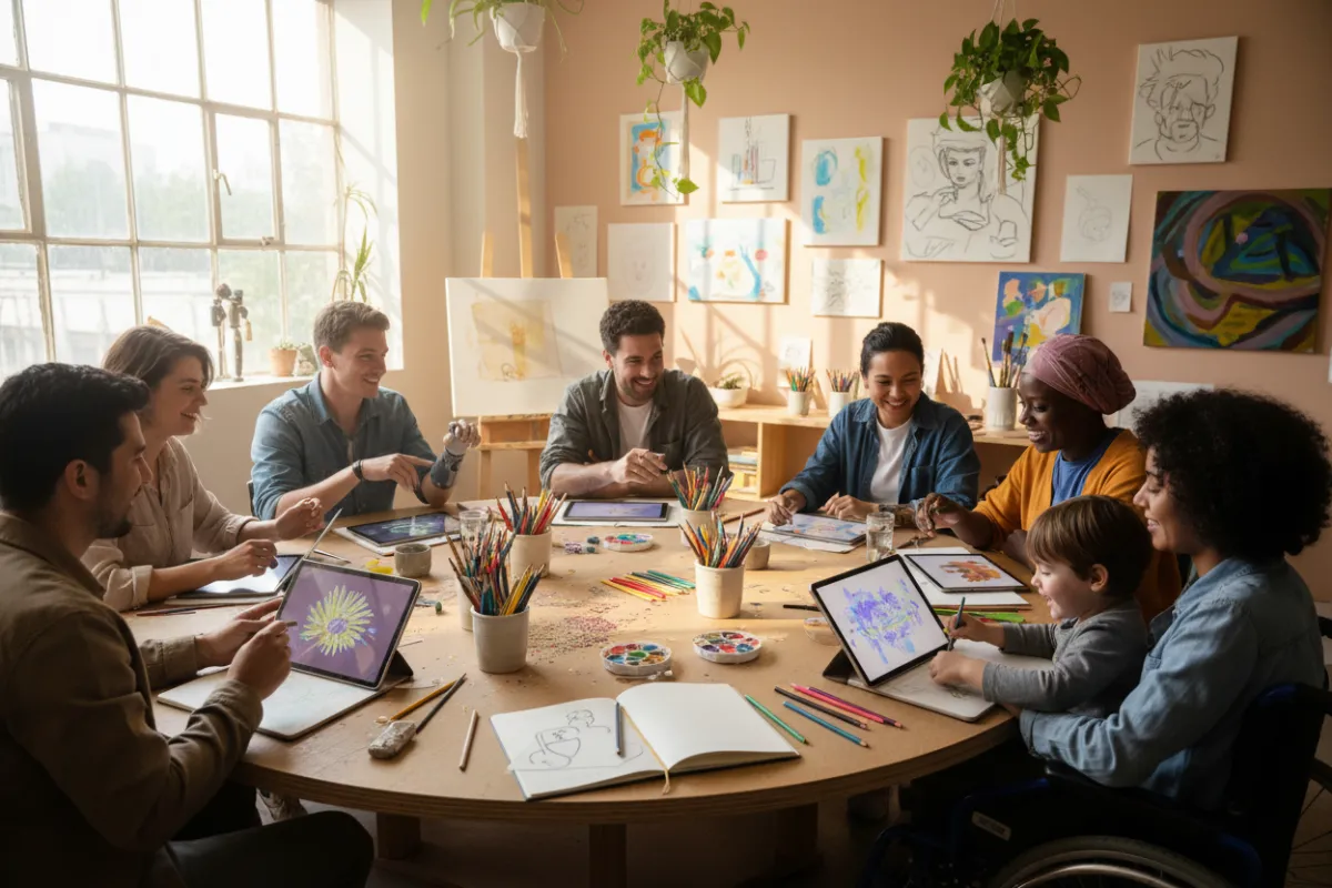 Diverse group collaborating with tablets and art supplies in a bright, welcoming studio, reflecting supportive creativity and inclusion.