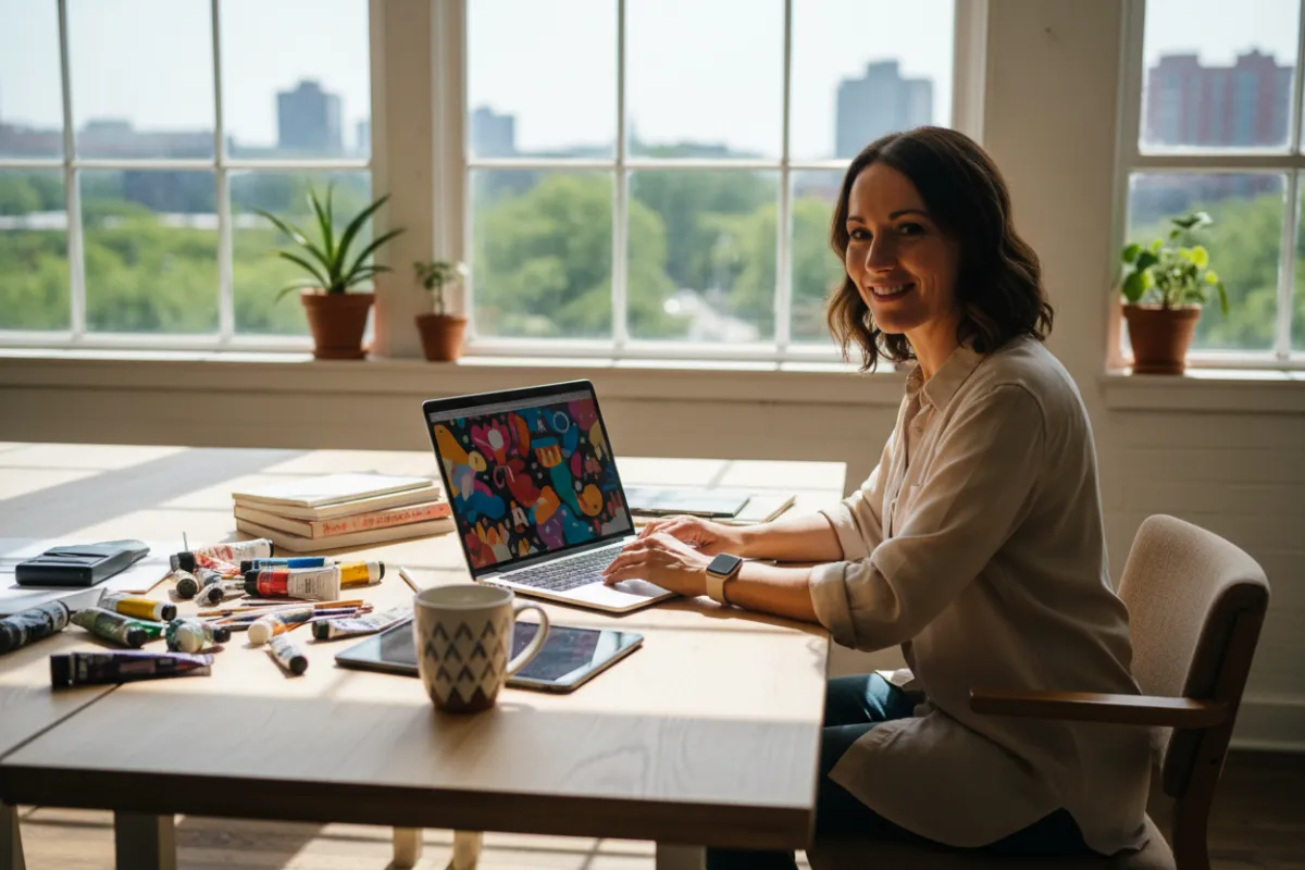 A joyful young woman in a cozy living room, unwrapping a gift box with a digital tablet inside, surrounded by festive Christmas decorations and warm lighting. The scene radiates excitement and holiday spirit, emphasizing the uniqueness of gifting an AI coaching experience.