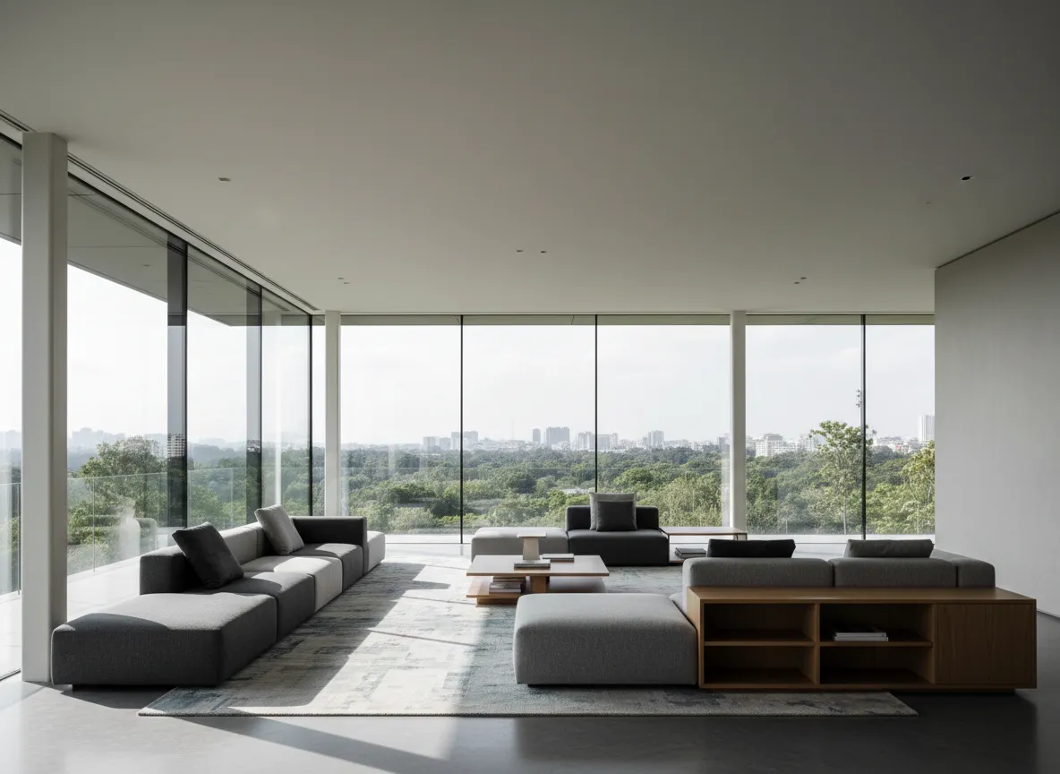 Modern modular living room with large windows and clean lines