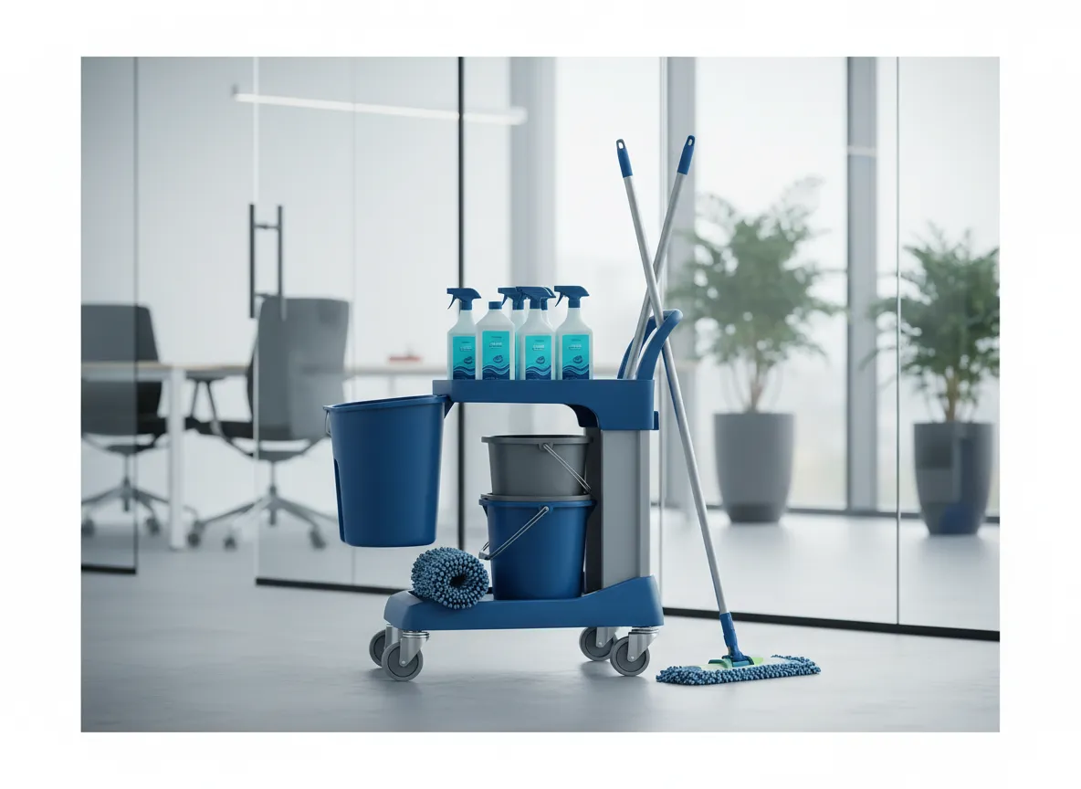 Équipe de nettoyage commercial au travail dans un bureau moderne