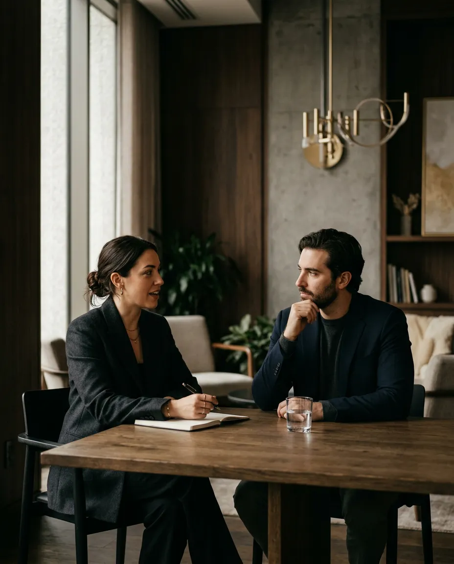 Ultra-premium editorial photo of a 1-on-1 strategic executive consultation in an elegant sunlit office suite