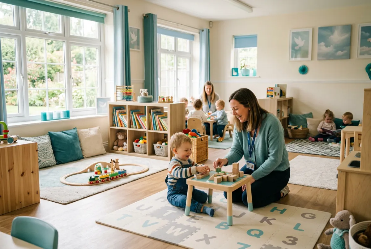 Clean and bright church nursery room with caring volunteer attending to children