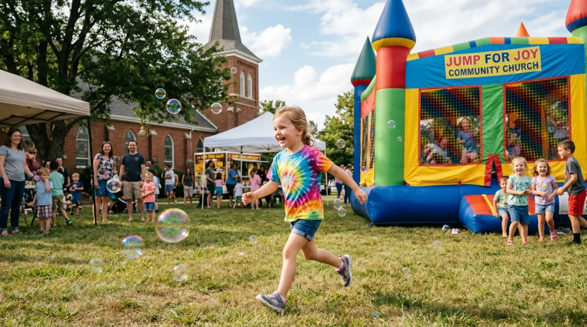 Child running in front of a bounce house with bubbles (Family Fun)