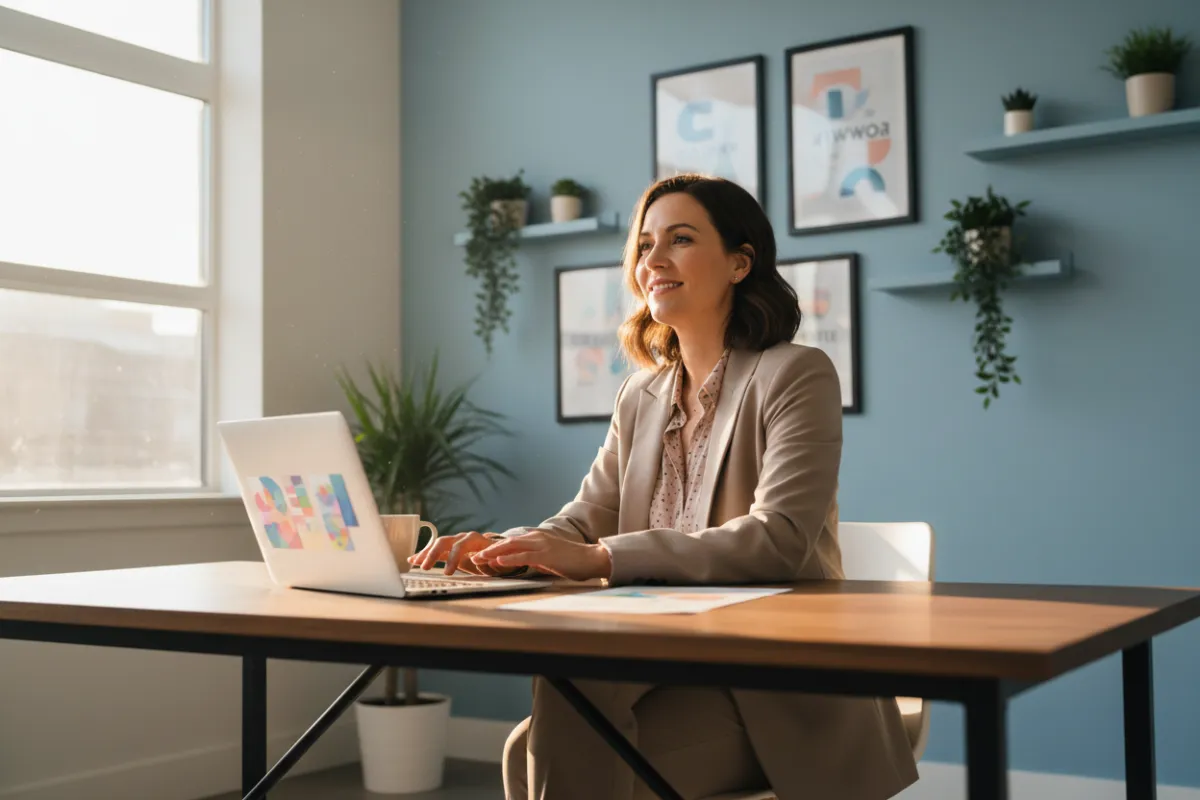 A confident woman in her 30s, sitting at a modern desk with a laptop, sunlight streaming through a window, looking inspired and ready to take on new challenges. The background is a bright, airy home office with motivational decor.