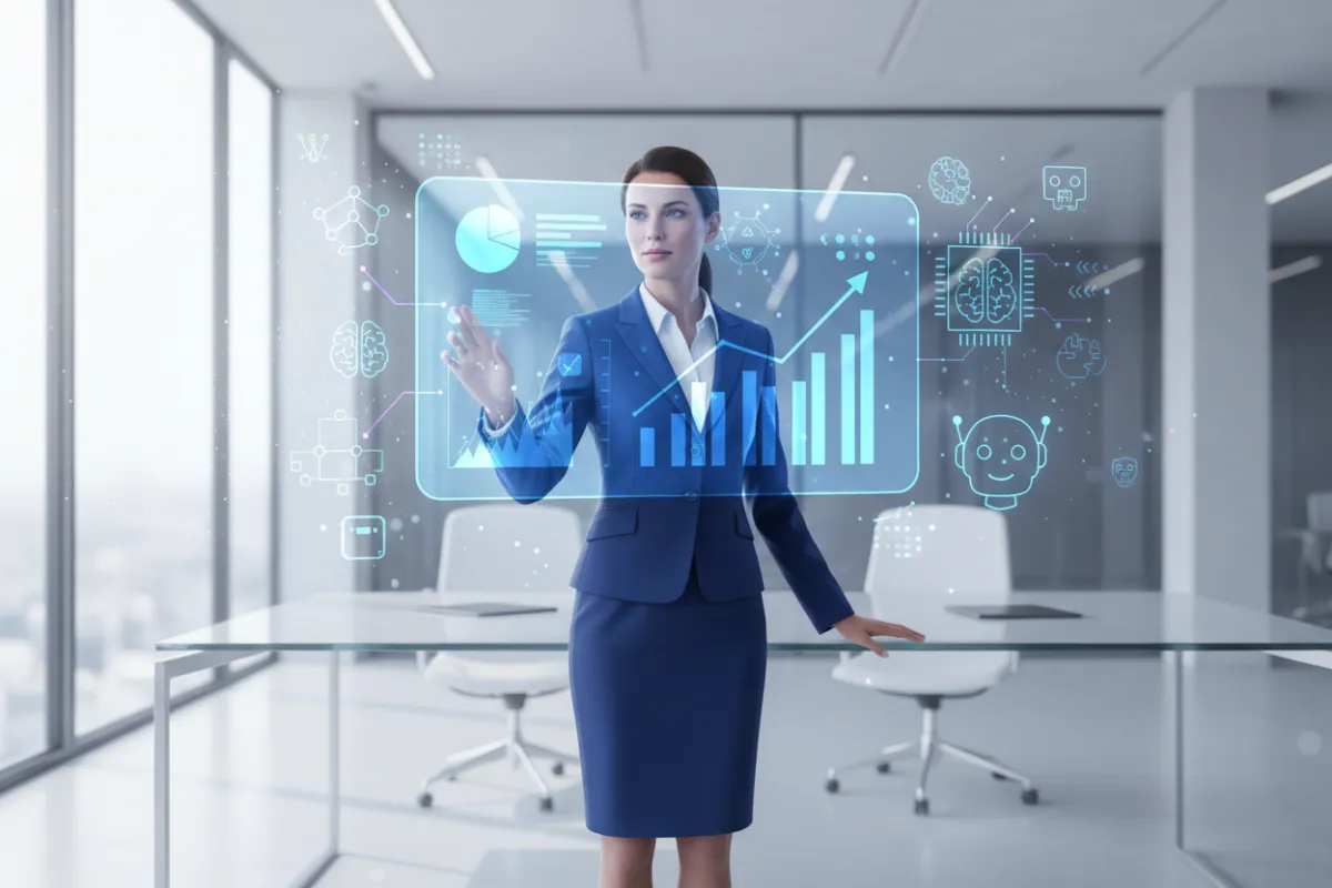 Ilustración de una empresaria revisando gráficos digitales con elementos de inteligencia artificial en un entorno de oficina moderno, tonos azules y blancos, estilo digital limpio