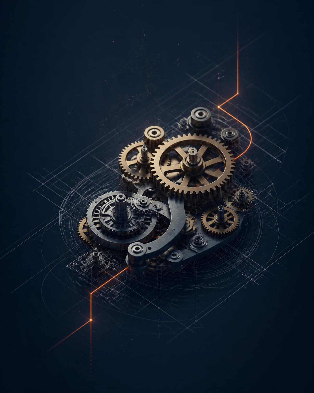 Precision-engineered revenue mechanism on deep navy with a single orange trace line