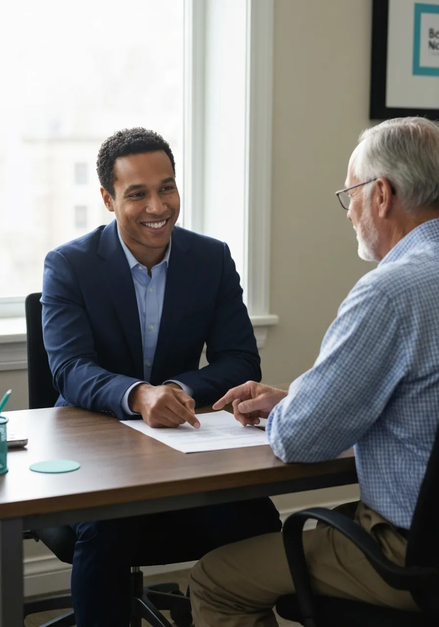 Advisor reviewing a document with a senior