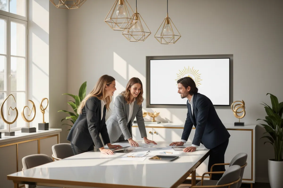 Consulting team in a bright office, two women and one man, reviewing business plans, gold decor, professional attire, collaborative atmosphere