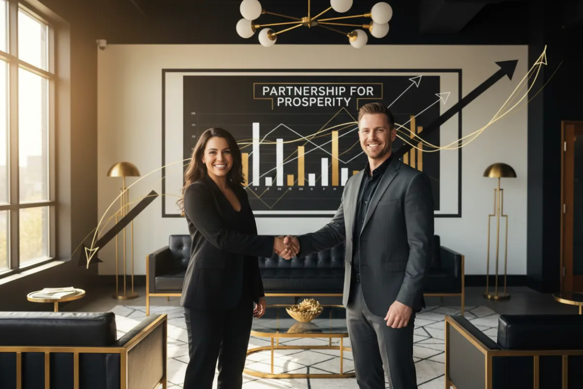Home service business owner shaking hands with a consultant in a modern office, both smiling, gold and black decor, success charts visible on a screen.