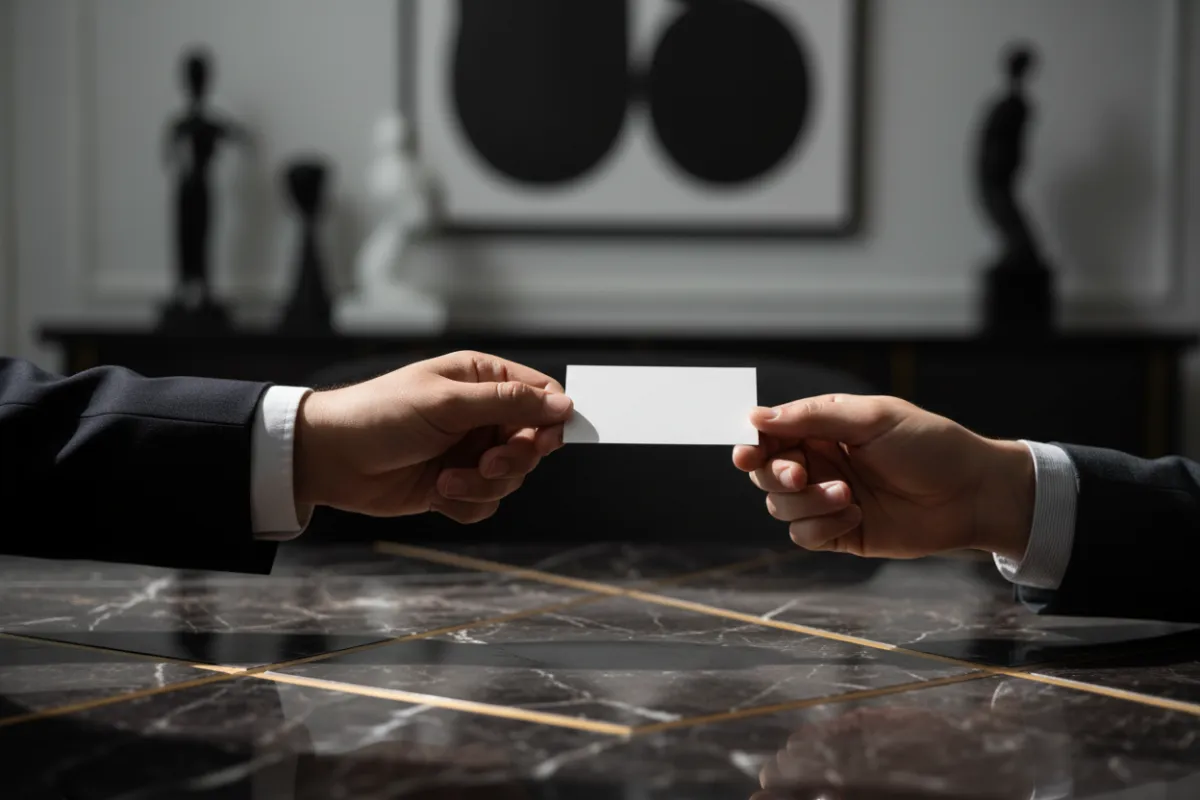 A consultant’s hand offering a business card to a small business owner across a gold-accented table, symbolizing partnership.