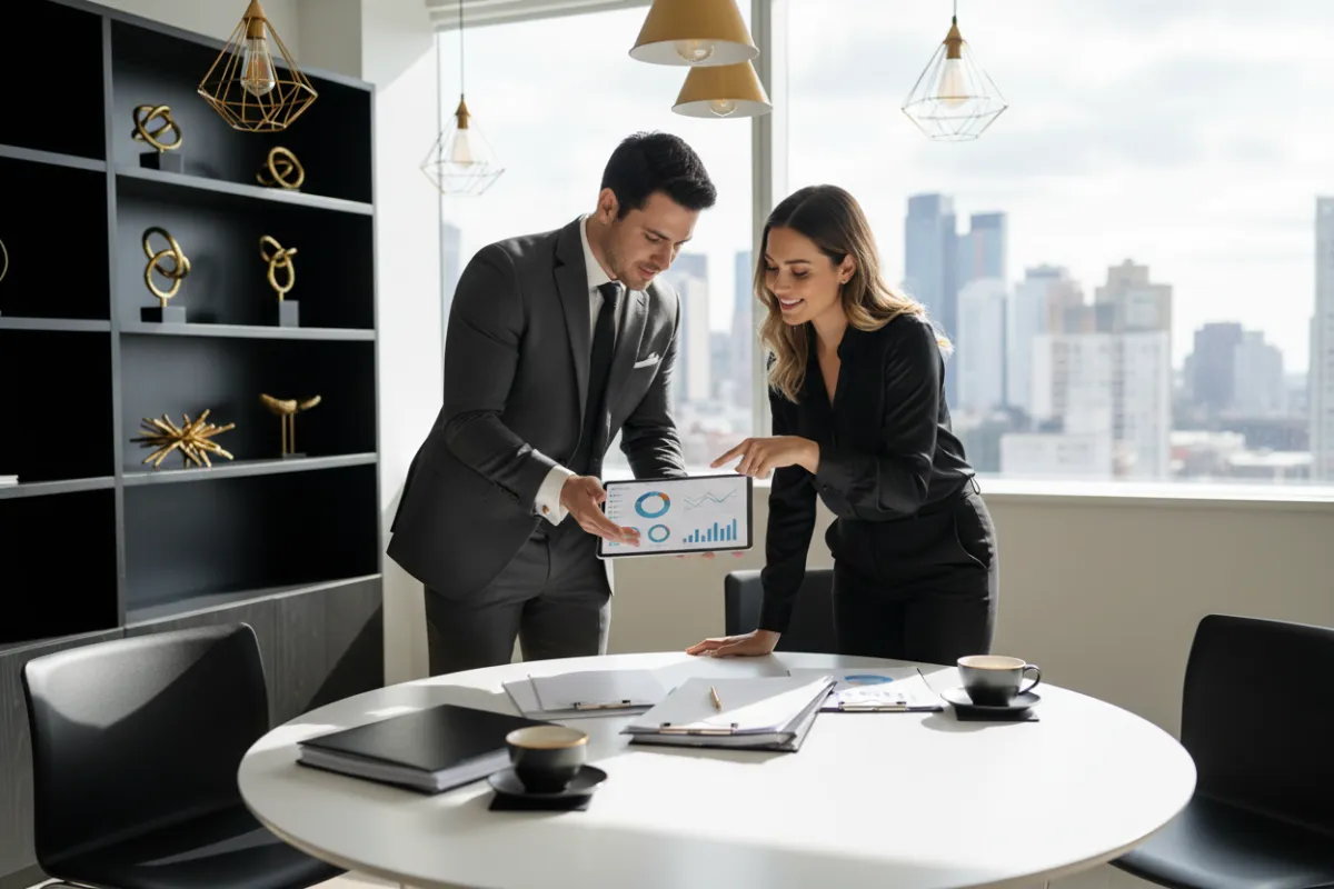 Consultant leading a strategy session with a small business owner in a bright, modern workspace, gold and black accents, both reviewing a digital dashboard.