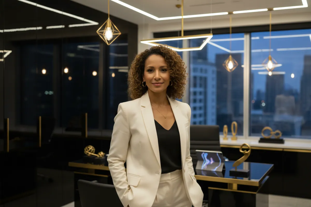 Portrait of Rachel, founder of GoldenRay Solutions, in a modern office with gold accents
