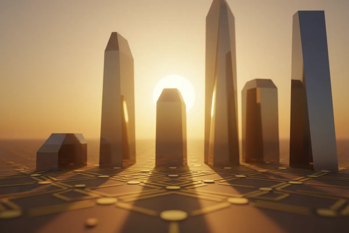 A golden sunrise illuminates a city skyline, symbolizing new beginnings and growth.