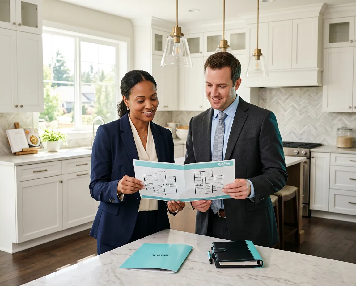 Connie B. collaborating with fellow real estate agents inside a designer new construction model home