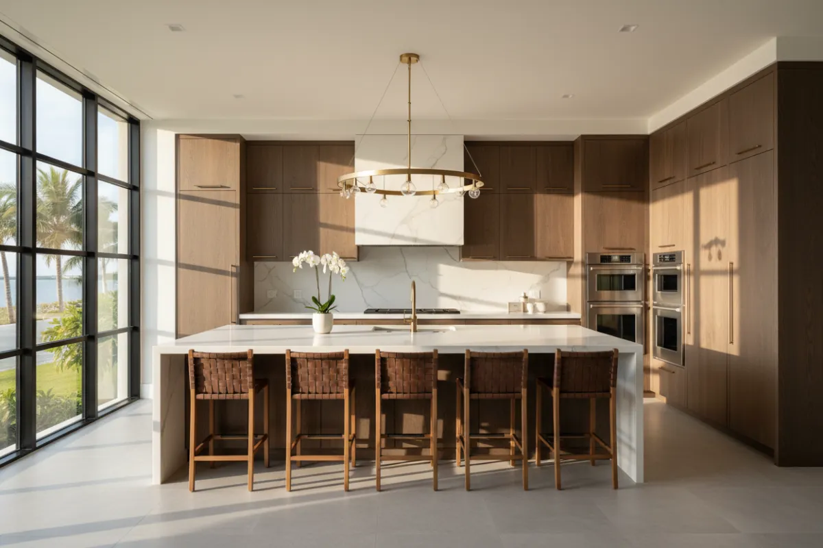 Modern kitchen in a luxury Tampa home with premium finishes and sunlight.