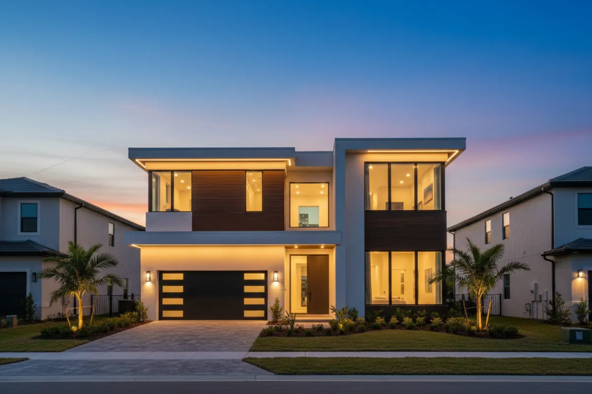 Exterior dusk shot of a newly built Tampa home with warm lights.
