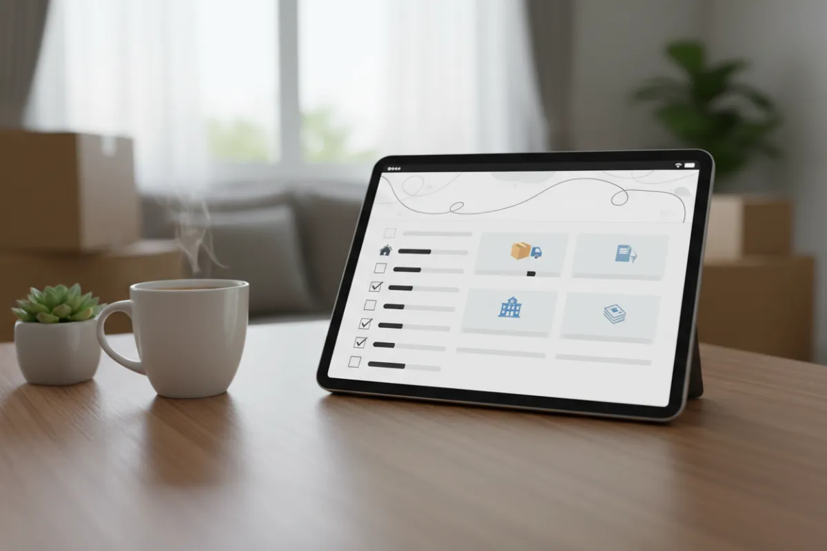 Organized moving checklist on a tablet with a coffee cup, suggesting ease and preparation for relocating families.