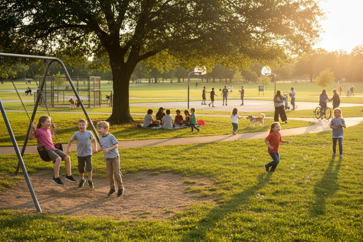 Community park scene from a video showing families enjoying local amenities.