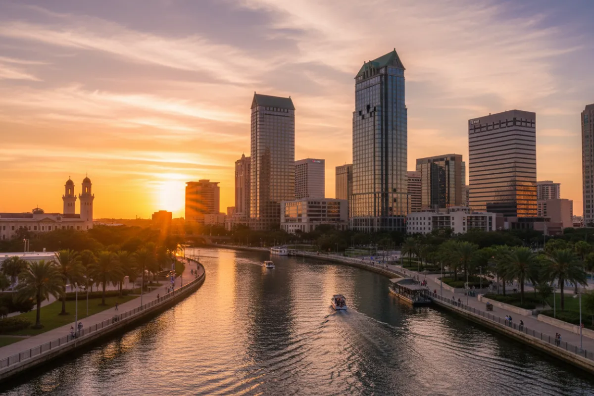 Landscape photo of Tampa skyline at golden hour with warm highlights, representing urban community energy and iconic local context.