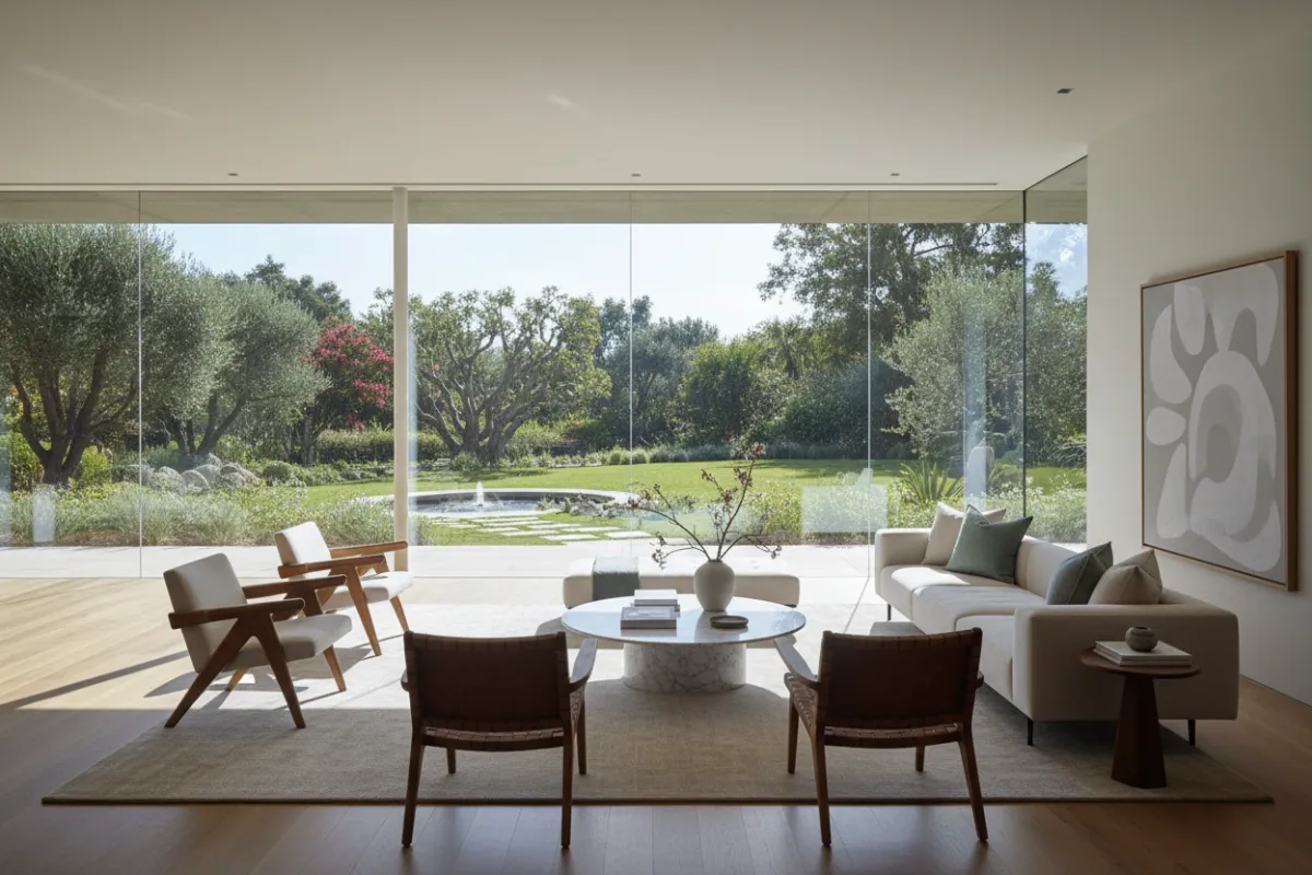 Staged living room with panoramic windows overlooking lush landscaping.