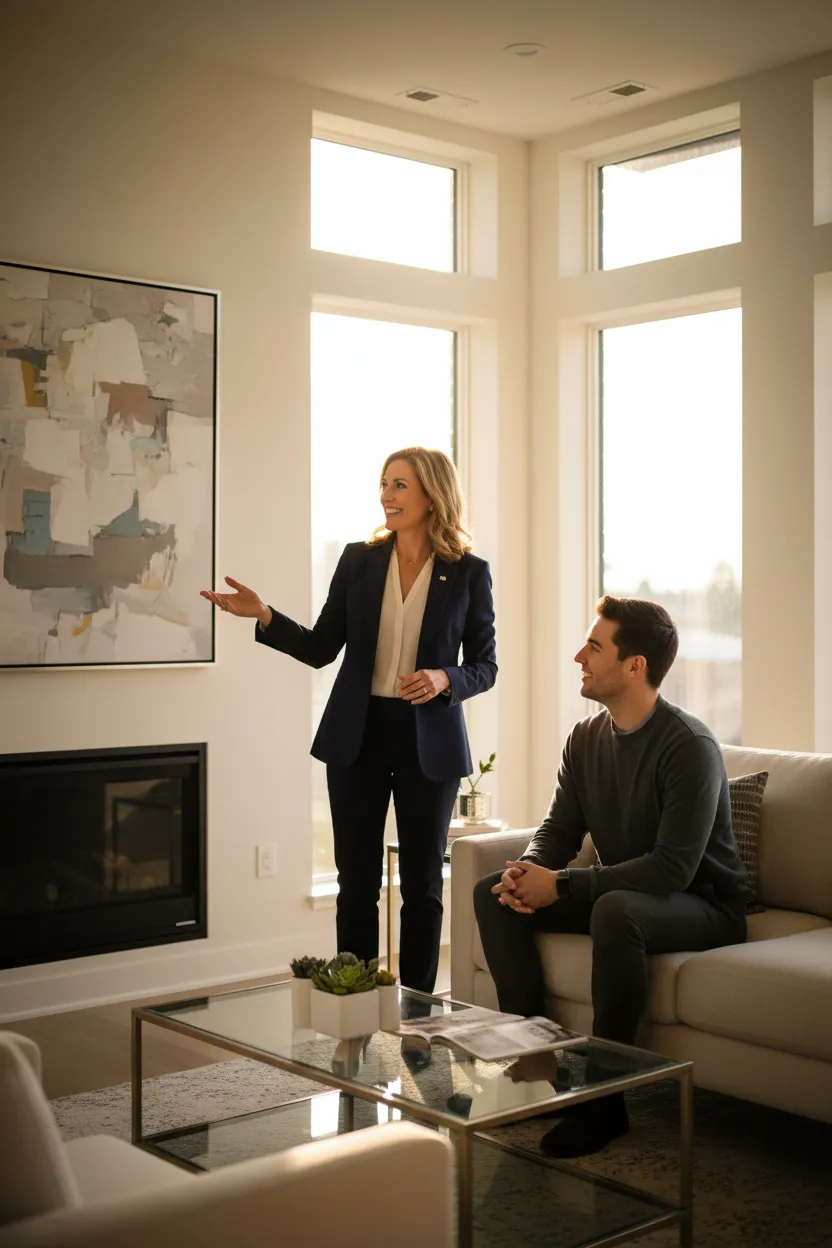 Smiling REALTOR® speaking with clients in a bright modern living room
