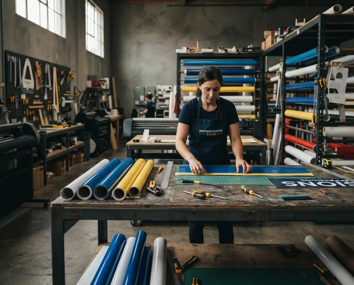 Inside the precision sign manufacturing and fabrication workshop at Impressions Signs in New Palestine