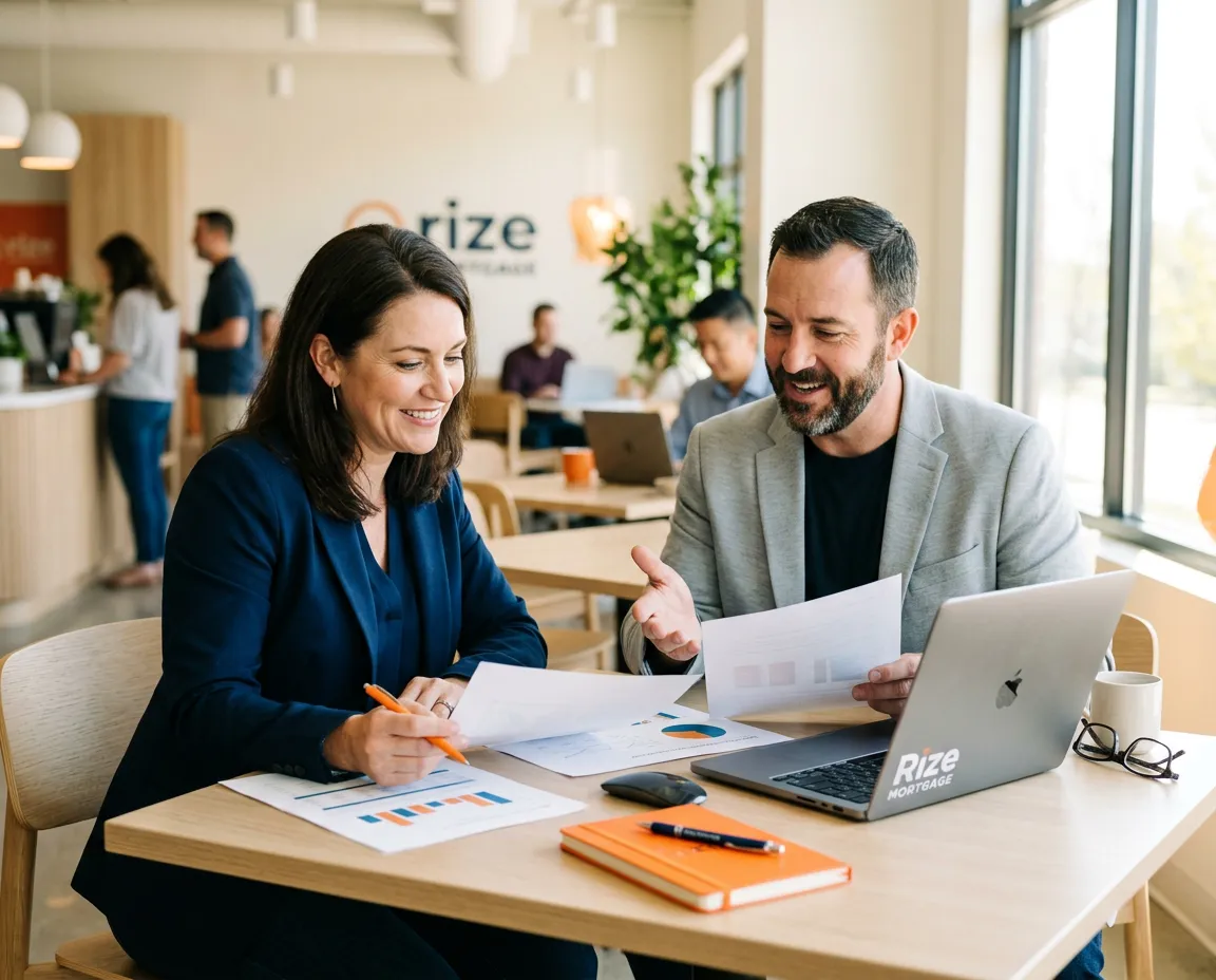 Two collaborative business professionals reviewing partnership growth strategies over a clean desk with modern architectural views