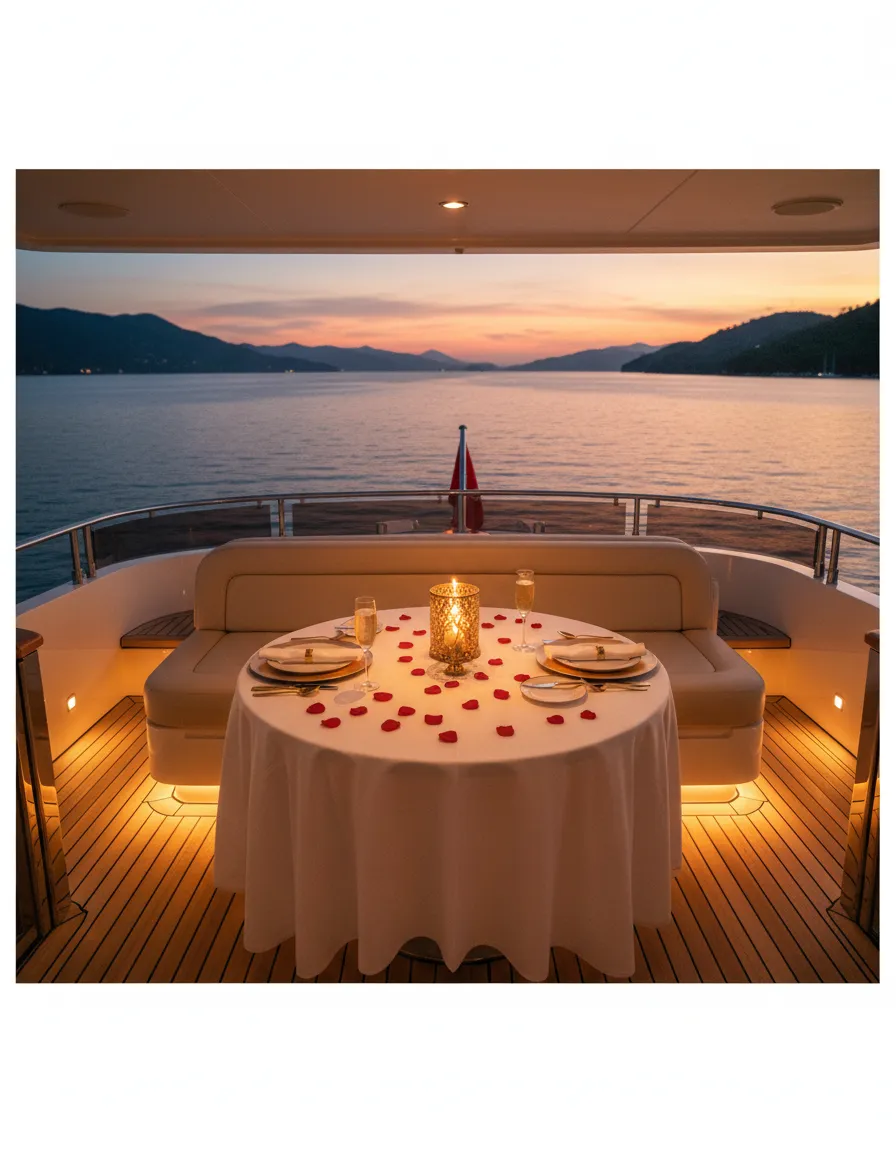 Romantic wedding and anniversary yacht setup