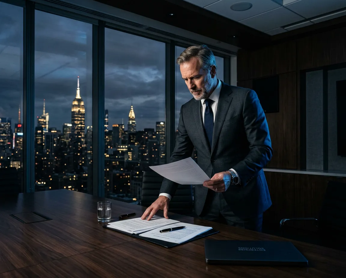 Senior enterprise sales professional closing multi-stakeholder contract negotiations in skyline office