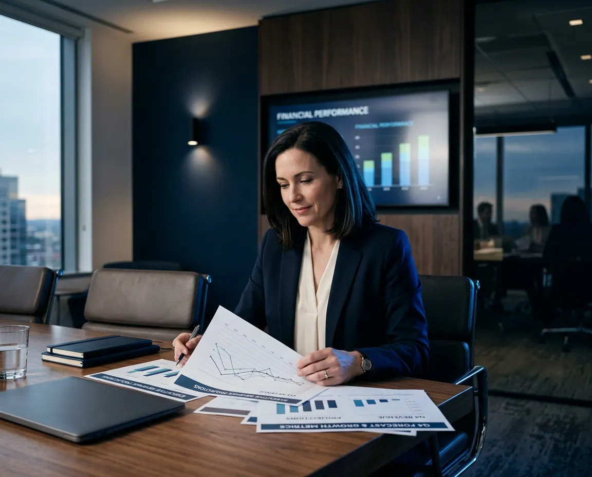 Confident tech entrepreneur reviewing executive revenue projections in a modern navy-accented boardroom