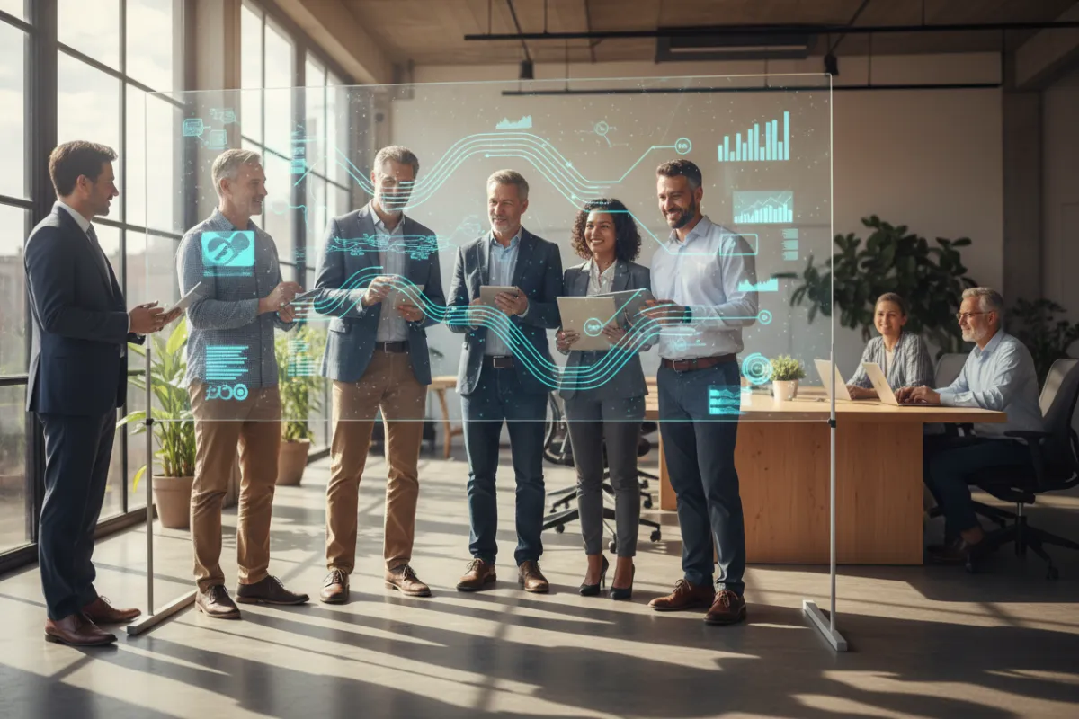 A diverse group of mid-career and semi-retired professionals collaborating around a digital whiteboard, with AI-generated diagrams projected in a modern, sunlit workspace. The group is engaged, exchanging ideas, and using laptops and tablets. The setting is vibrant, inclusive, and forward-thinking, reflecting innovation and partnership.